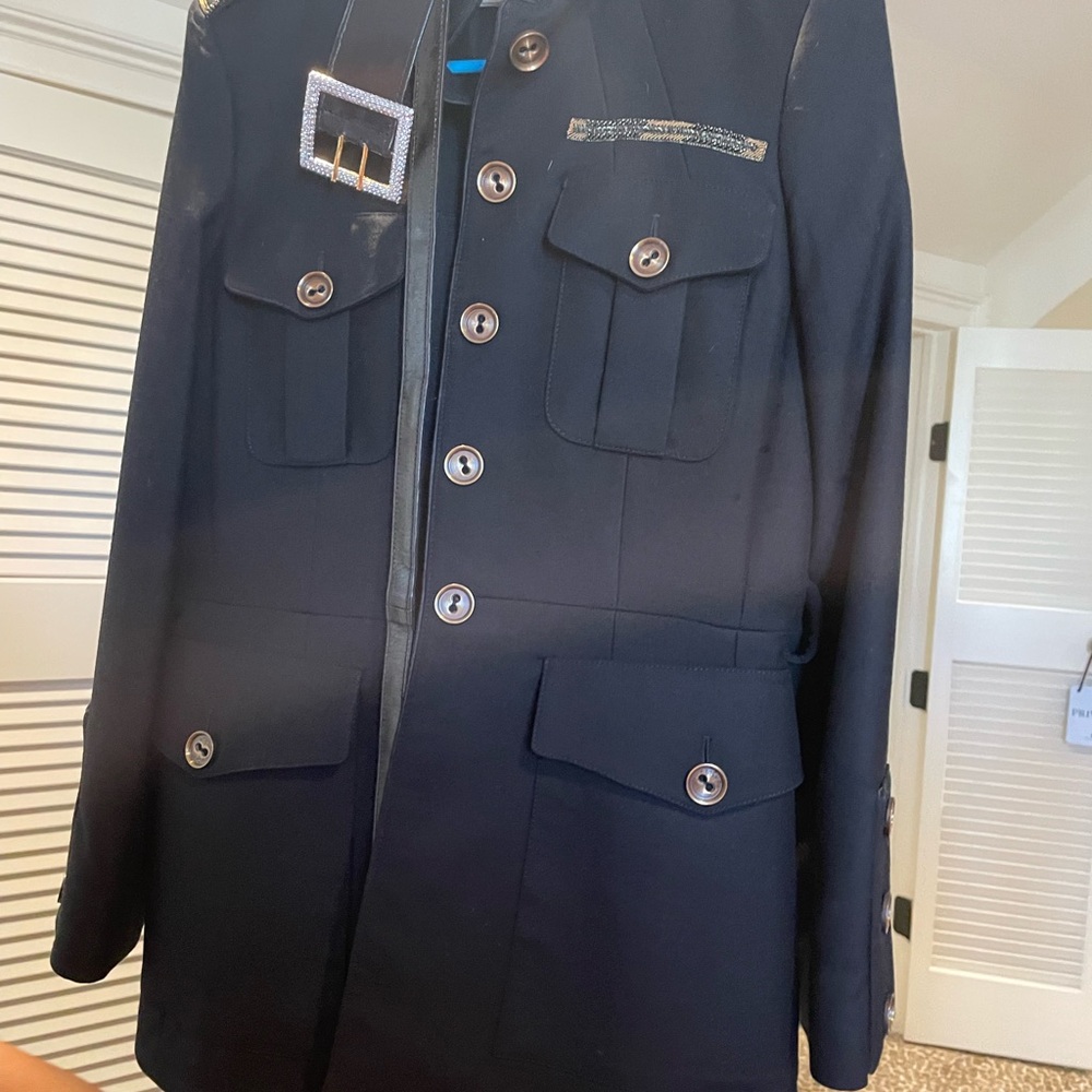 Navy Blue Blazer with Stand-Up Collar and Epaulettes